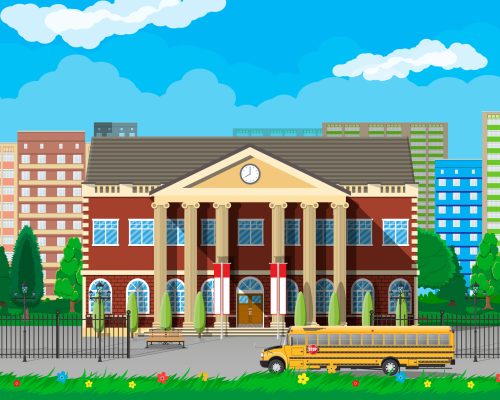 Classical school building and cityscape. Brick facade with clocks. Public educational institution and bus. College or university organization. Tree, clouds, sun. Vector illustration in flat style