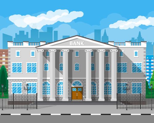 Bank building with city skylines and trees behind. Road, fence, street lamp. Blue sky with clouds. Vector illustration in flat style