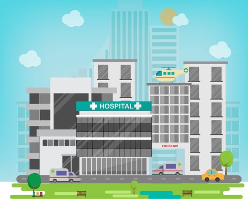 Hospital building with cityscape.Medical and healthcare concept.